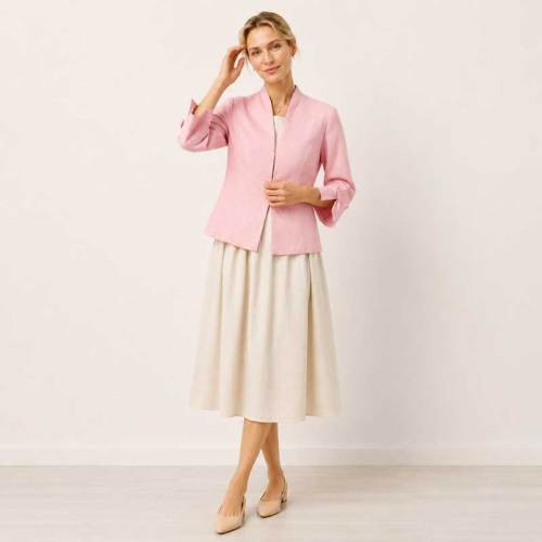 Pink Linen Cropped Open-Front Jacket