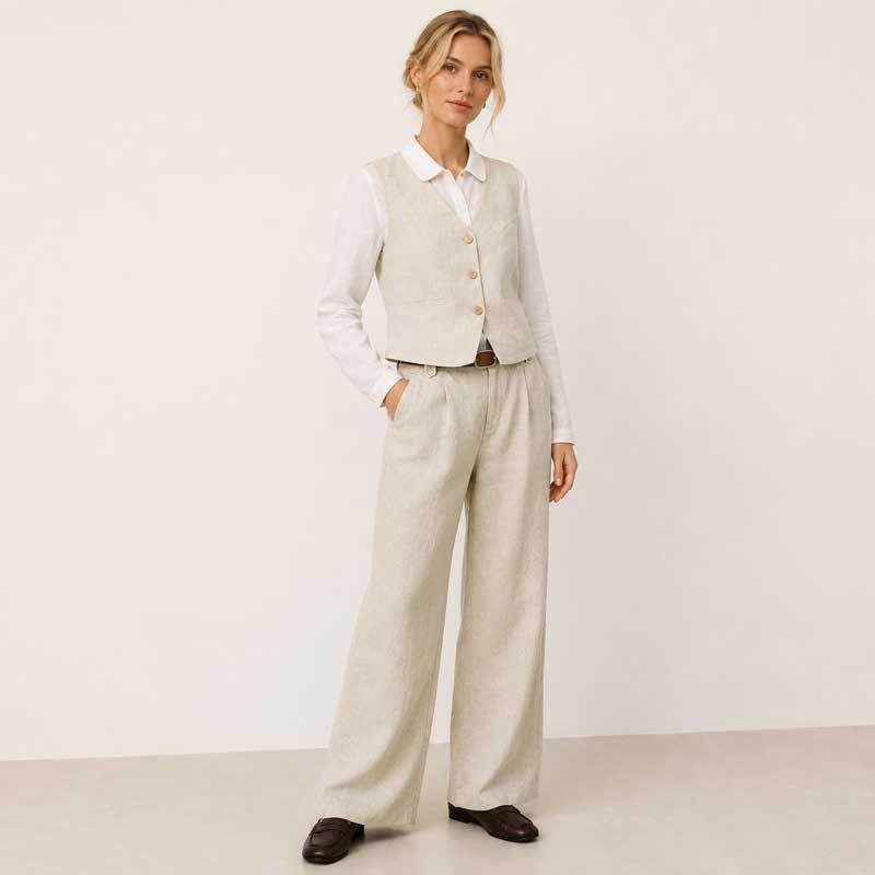 Natural Linen Vest & Wide-Leg Pants Set