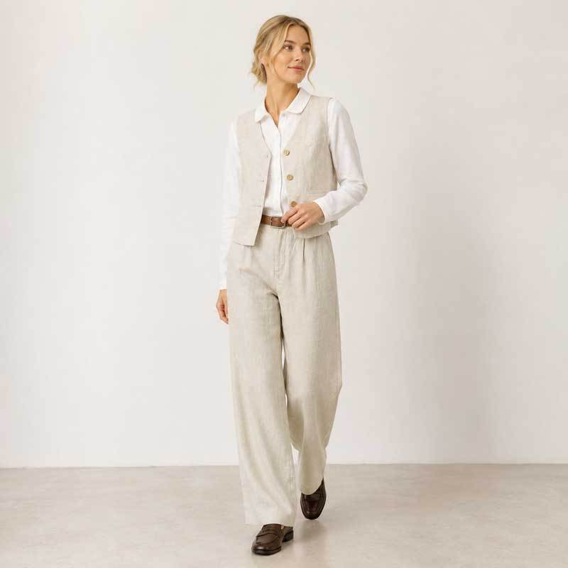 Natural Linen Vest & Wide-Leg Pants Set