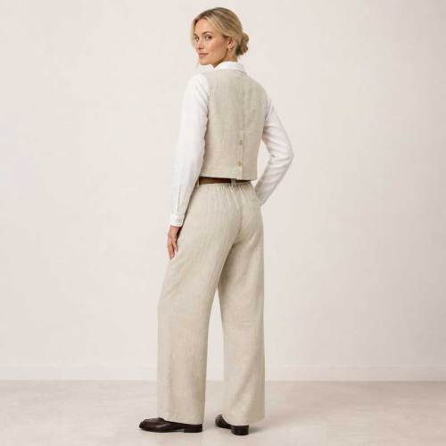 Natural Linen Vest & Wide-Leg Pants Set