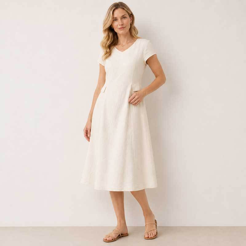 White Linen V-Neck Midi Dress