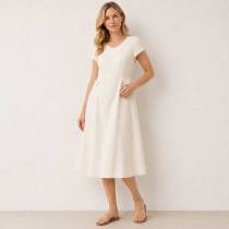 White Linen V-Neck Midi Dress