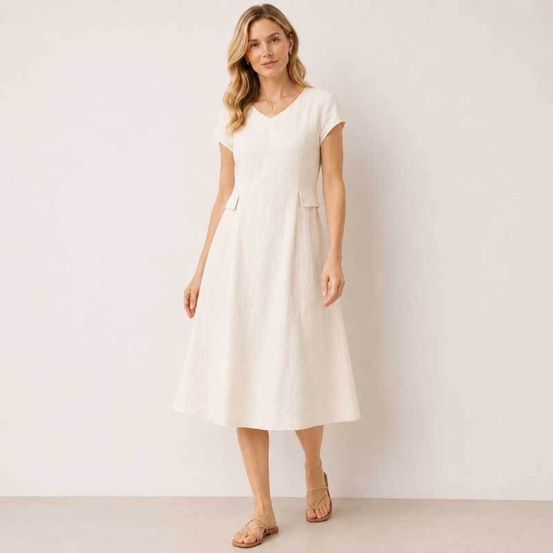 White Linen V-Neck Midi Dress