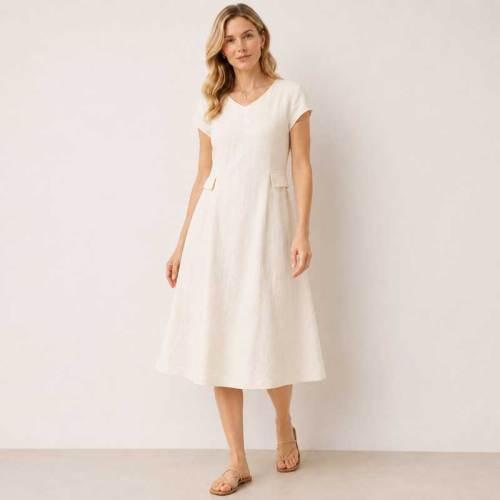 White Linen V-Neck Midi Dress