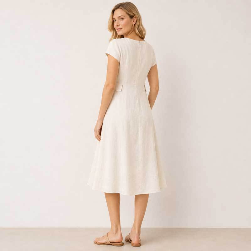 White Linen V-Neck Midi Dress