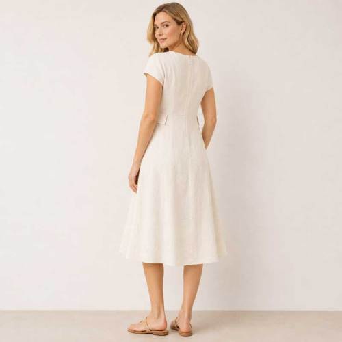 White Linen V-Neck Midi Dress