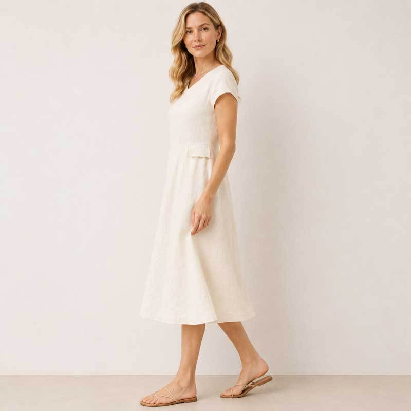 White Linen V-Neck Midi Dress