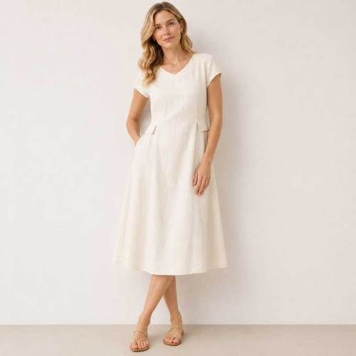 White Linen V-Neck Midi Dress