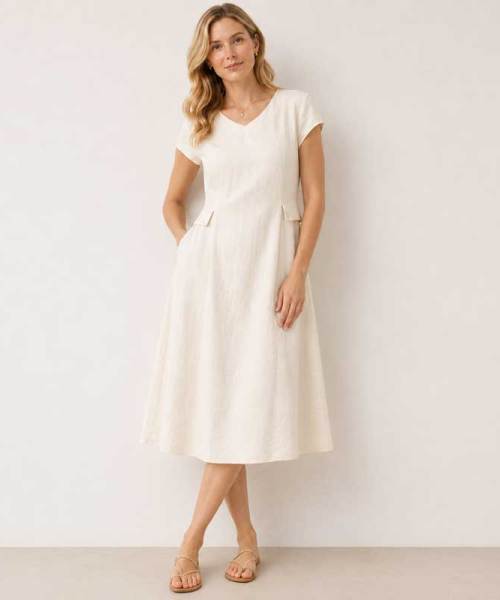 White Linen V-Neck Midi Dress