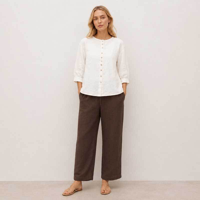 White Linen Button-Front Three-Quarter Sleeve Top