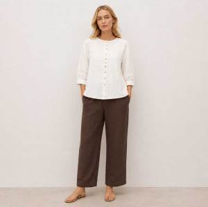 White Linen Button-Front Three-Quarter Sleeve Top