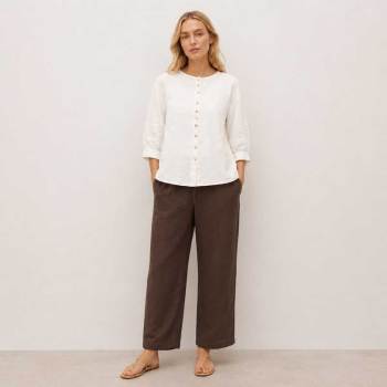 White Linen Button-Front Three-Quarter Sleeve Top