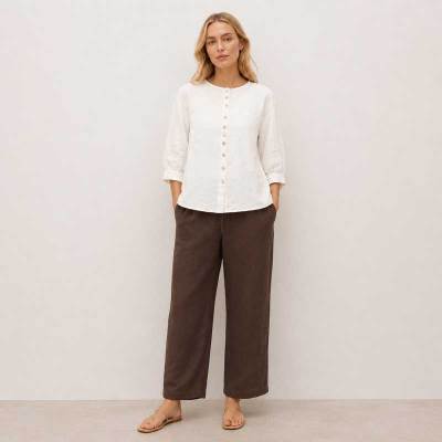 White Linen Button-Front Three-Quarter Sleeve Top