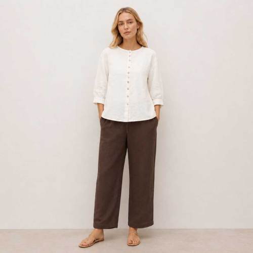 White Linen Button-Front Three-Quarter Sleeve Top