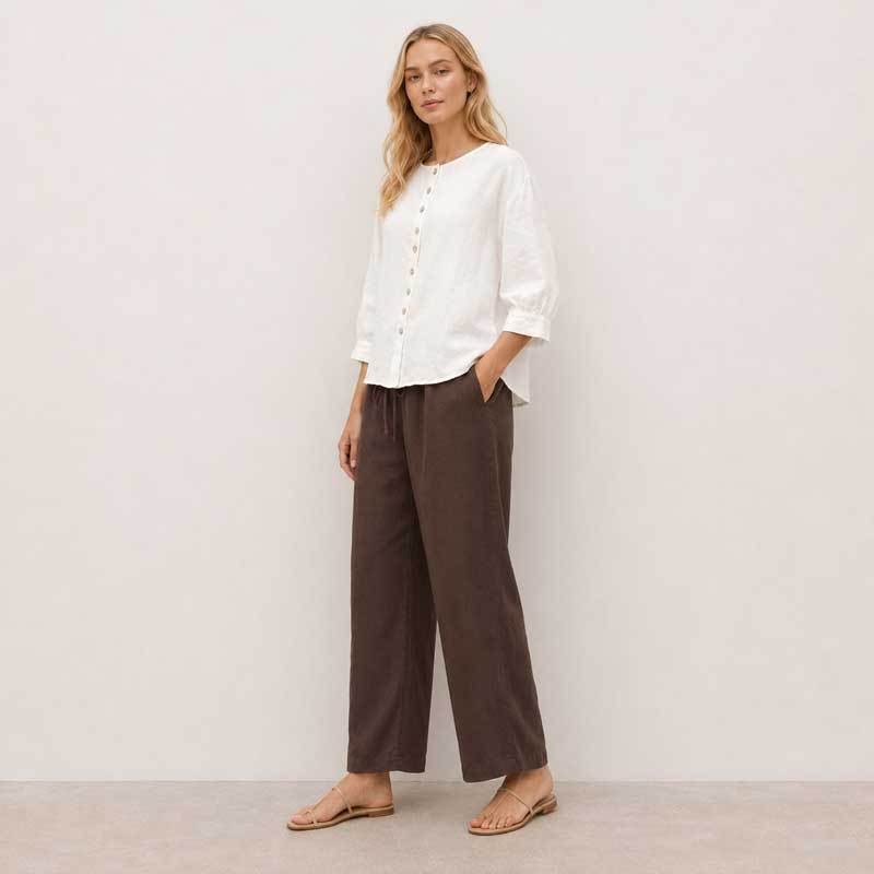 White Linen Button-Front Three-Quarter Sleeve Top
