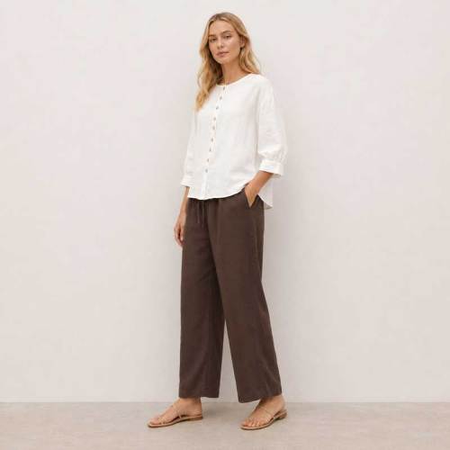 White Linen Button-Front Three-Quarter Sleeve Top