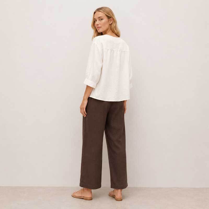 White Linen Button-Front Three-Quarter Sleeve Top