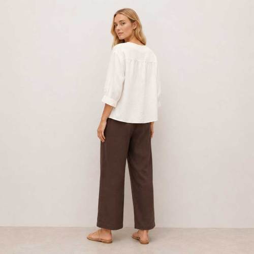 White Linen Button-Front Three-Quarter Sleeve Top