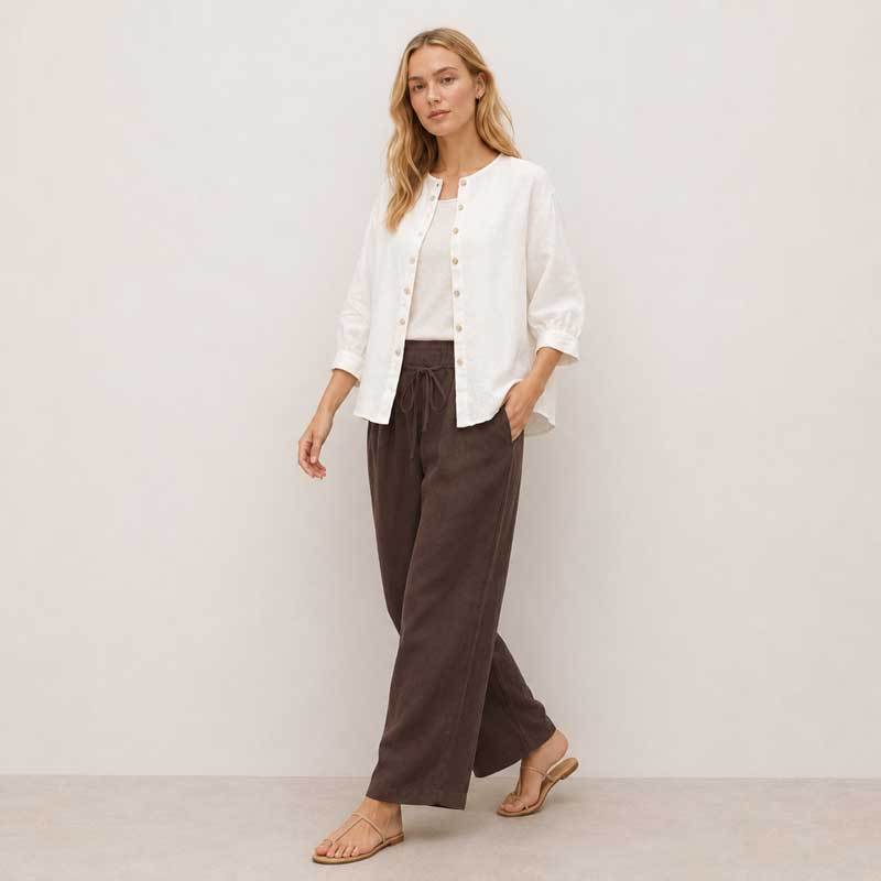 White Linen Button-Front Three-Quarter Sleeve Top