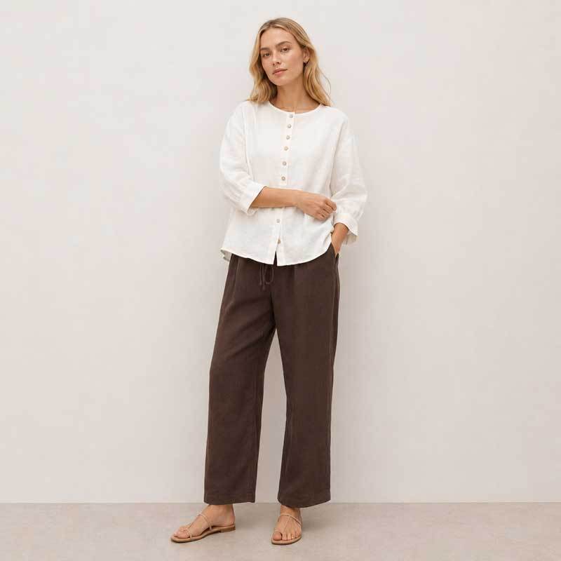 White Linen Button-Front Three-Quarter Sleeve Top