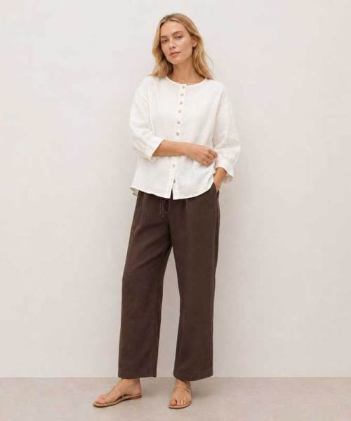 White Linen Button-Front Three-Quarter Sleeve Top