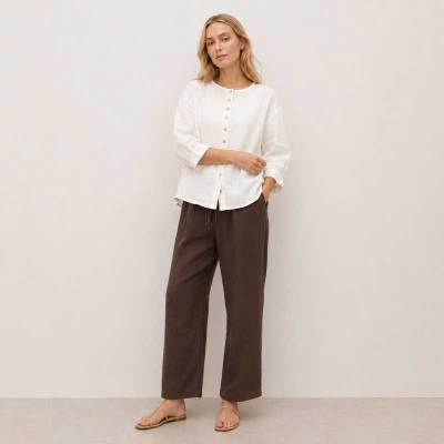 White Linen Button-Front Three-Quarter Sleeve Top