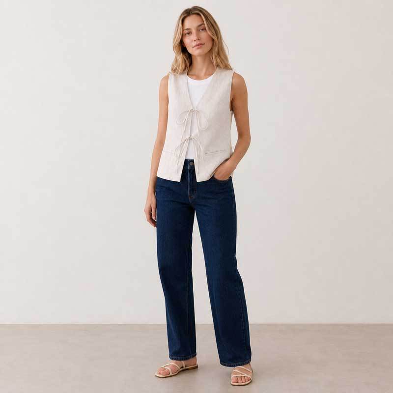 White Linen Tie-Front Sleeveless Vest Top