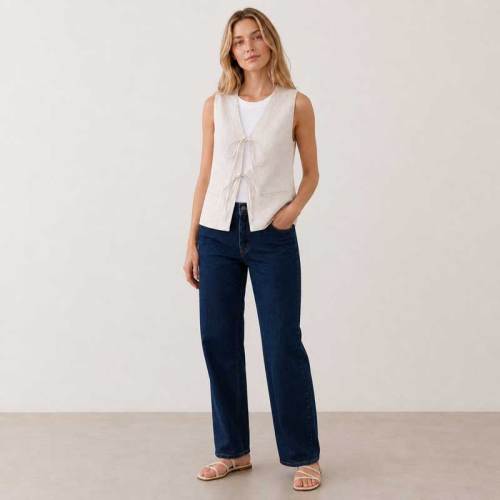 White Linen Tie-Front Sleeveless Vest Top