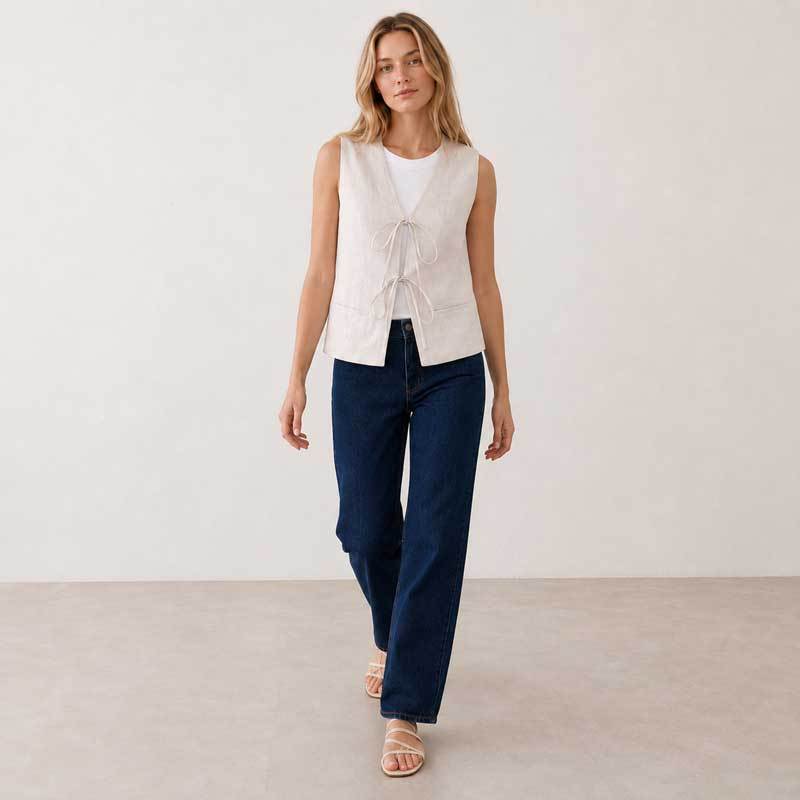 White Linen Tie-Front Sleeveless Vest Top