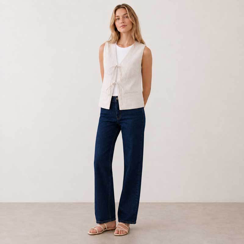 White Linen Tie-Front Sleeveless Vest Top