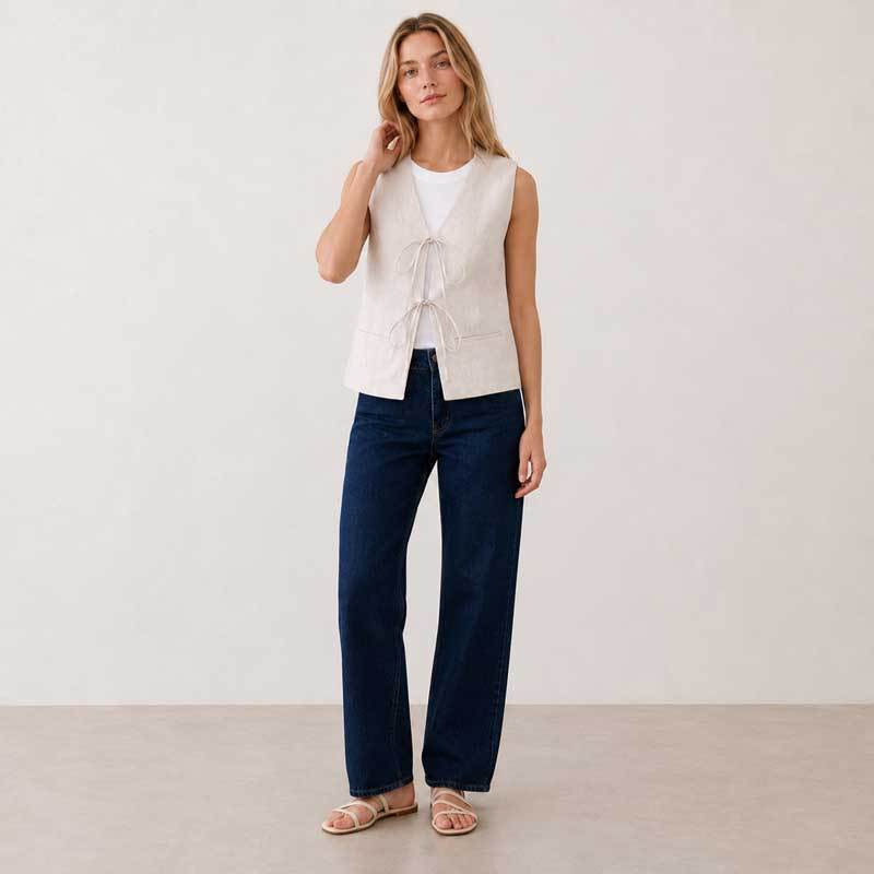 White Linen Tie-Front Sleeveless Vest Top