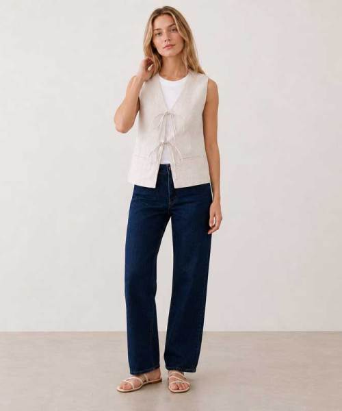White Linen Tie-Front Sleeveless Vest Top