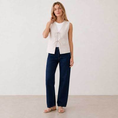 White Linen Tie-Front Sleeveless Vest Top