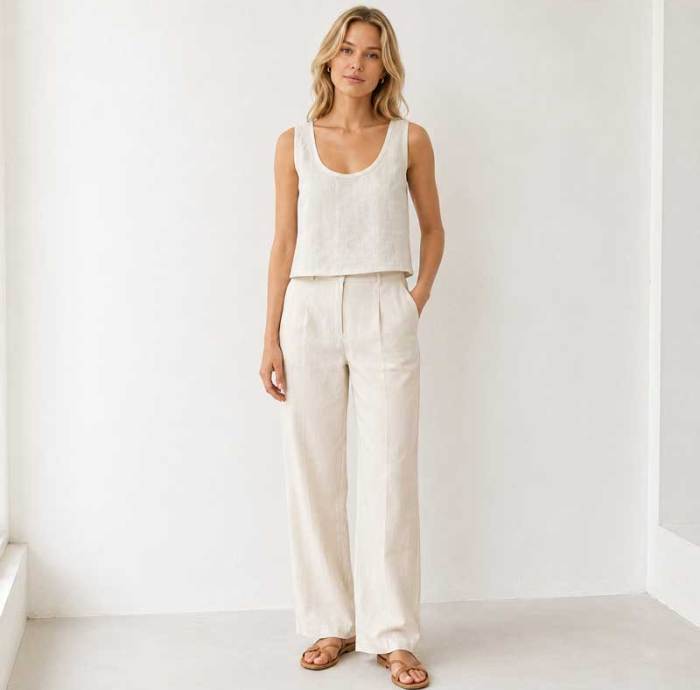 Natural White Linen Wide-Leg Pants