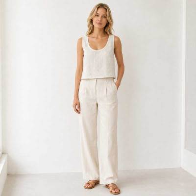 Natural White Linen Wide-Leg Pants