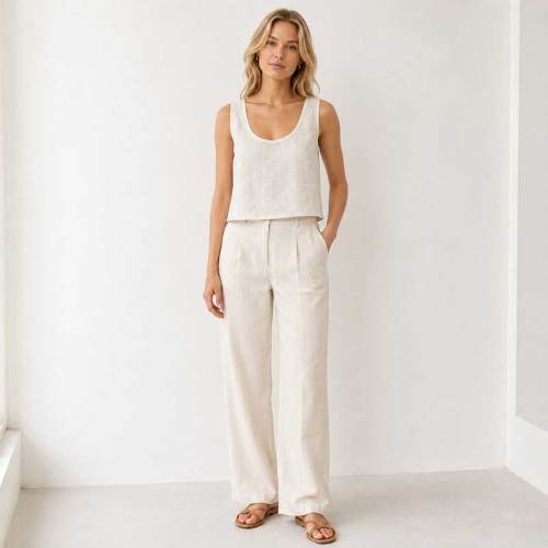 Natural White Linen Wide-Leg Pants