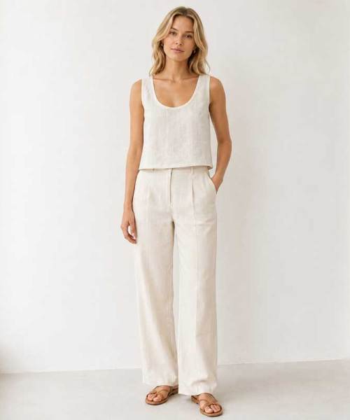Natural White Linen Wide-Leg Pants