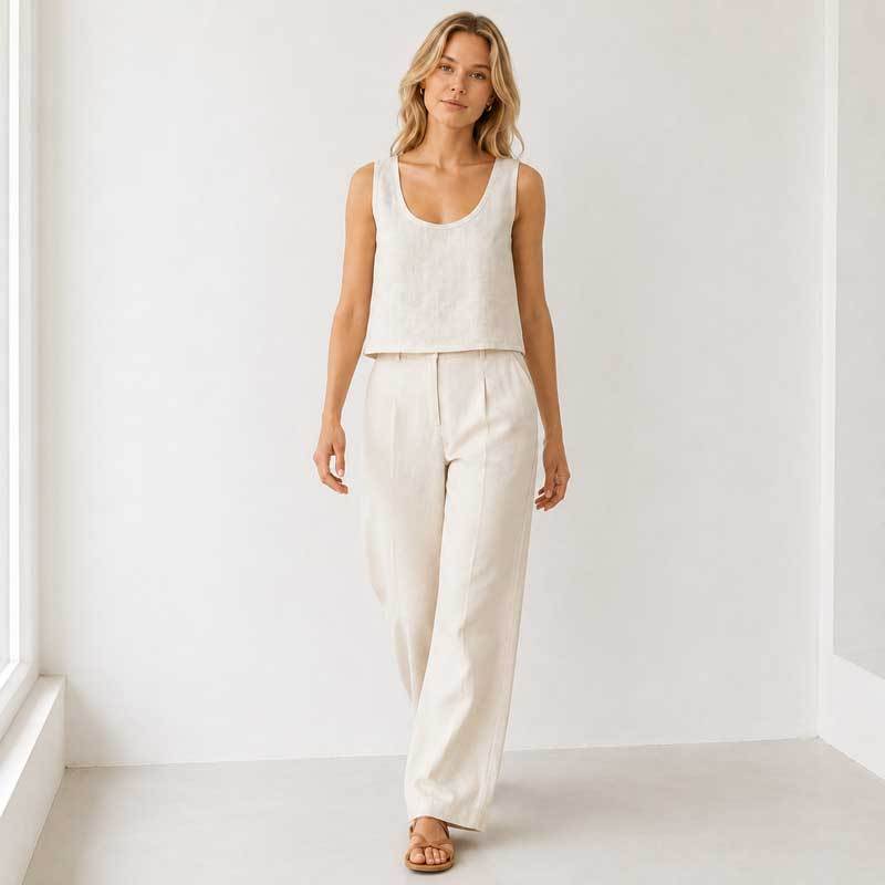 Natural White Linen Wide-Leg Pants