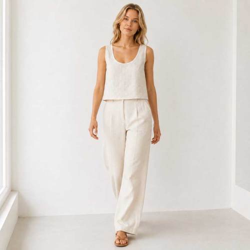 Natural White Linen Wide-Leg Pants