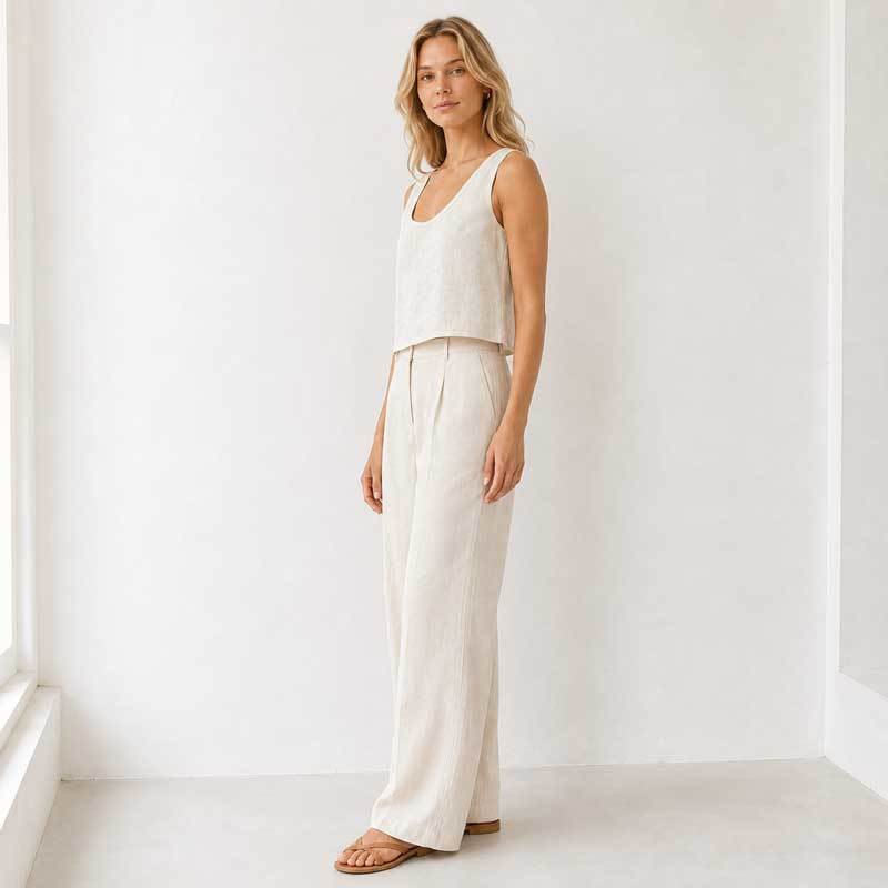 Natural White Linen Wide-Leg Pants