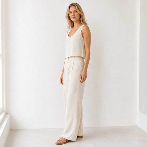 Natural White Linen Wide-Leg Pants