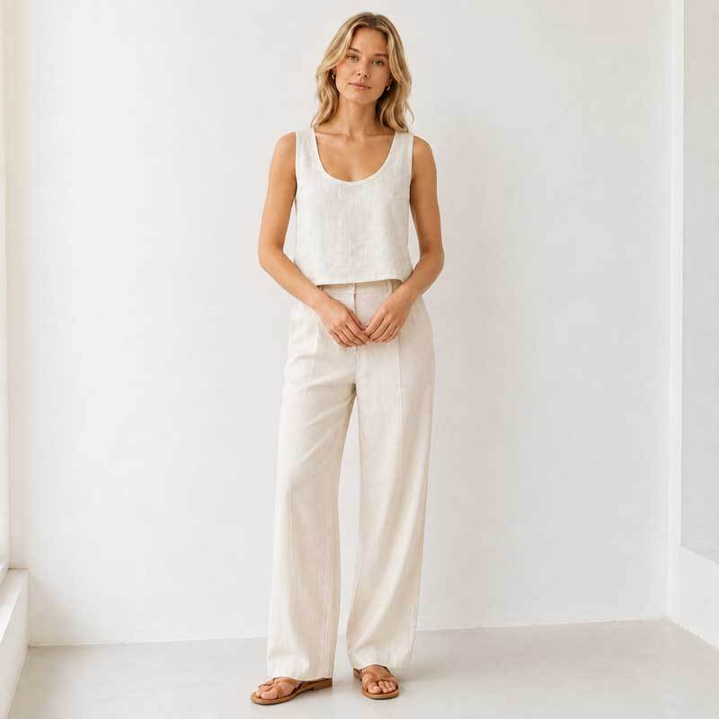 Natural White Linen Wide-Leg Pants