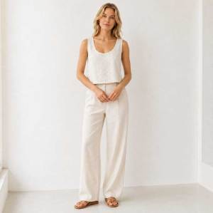 Natural White Linen Wide-Leg Pants
