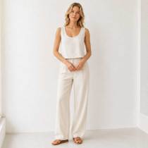 Natural White Linen Wide-Leg Pants