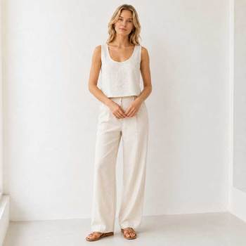 Natural White Linen Wide-Leg Pants