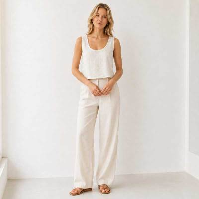 Natural White Linen Wide-Leg Pants