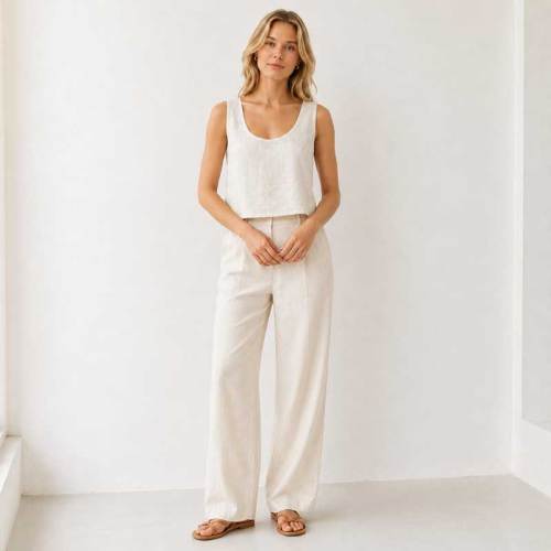 Natural White Linen Wide-Leg Pants