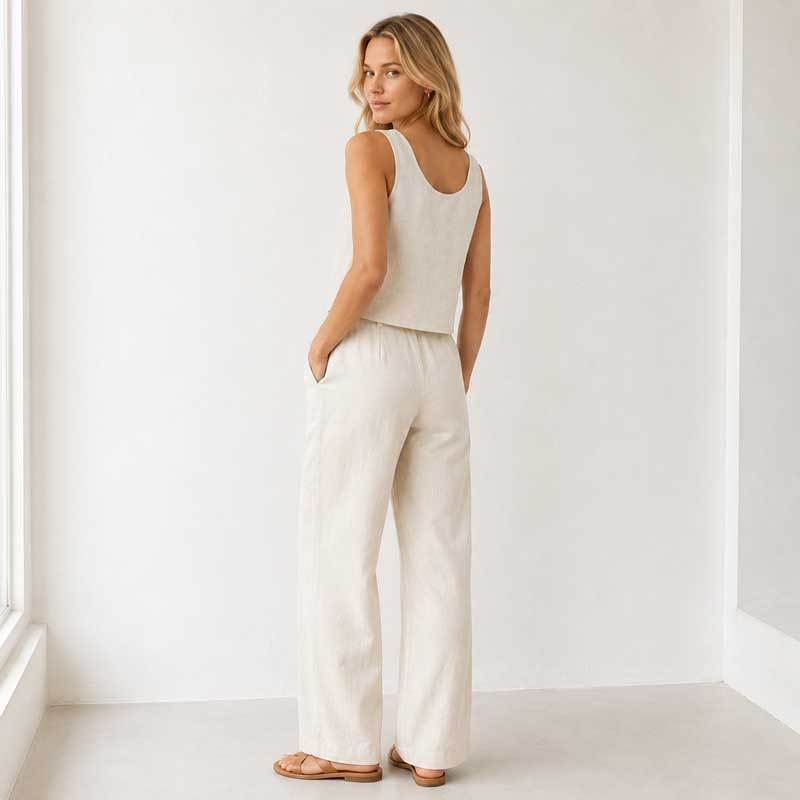 Natural White Linen Wide-Leg Pants