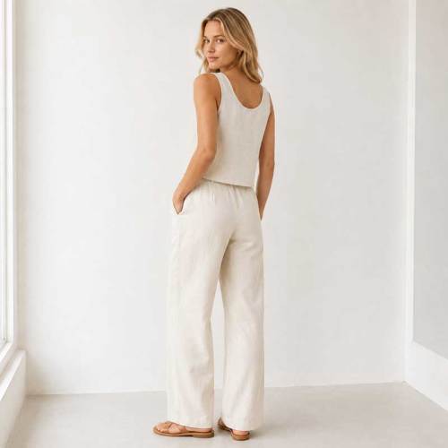 Natural White Linen Wide-Leg Pants