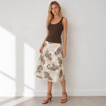 Paisley Print Linen Midi Skirt